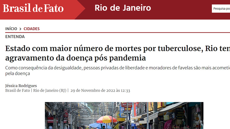 ESTADO COM MAIOR NÚMERO DE MORTES POR TUBERCULOSE, RIO TEM AGRAVAMENTO DA DOENÇA PÓS PANDEMIA