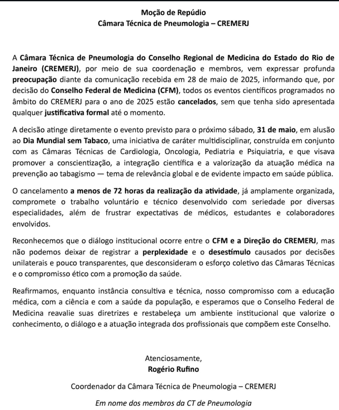 Moção de Repúdio – Câmara Técnica de Pneumologia – CREMERJ