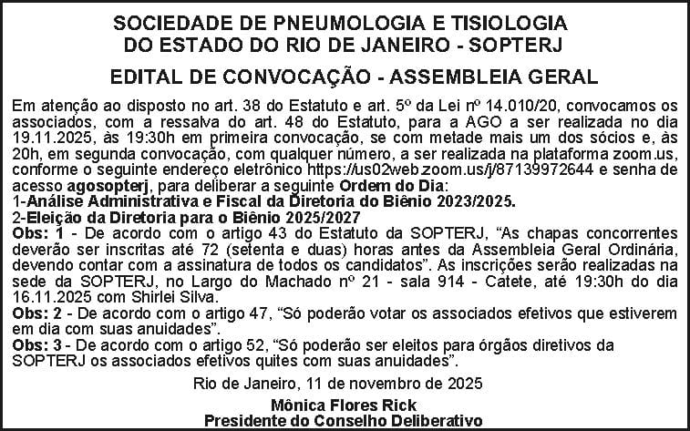 SOPTERJ convoca associados para Assembleia Geral Ordinária em 19 de novembro